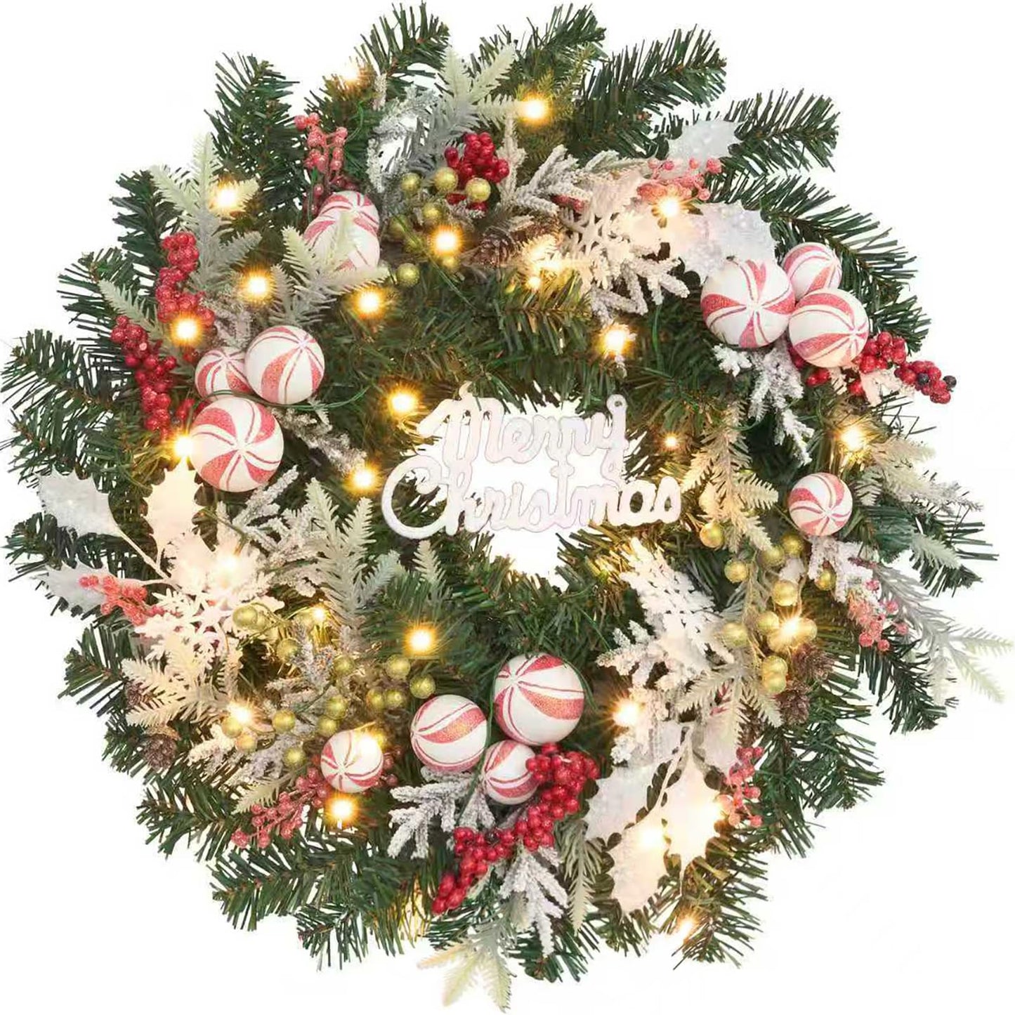 Red White Christmas Candy Wreath with Lights,30 LED with Timer, Lighted Winter Holiday Door,Fireplace Mantel and Stairs Decor,Entryway Decoration,prelit Christmas Wreath for Front Door -22inch
