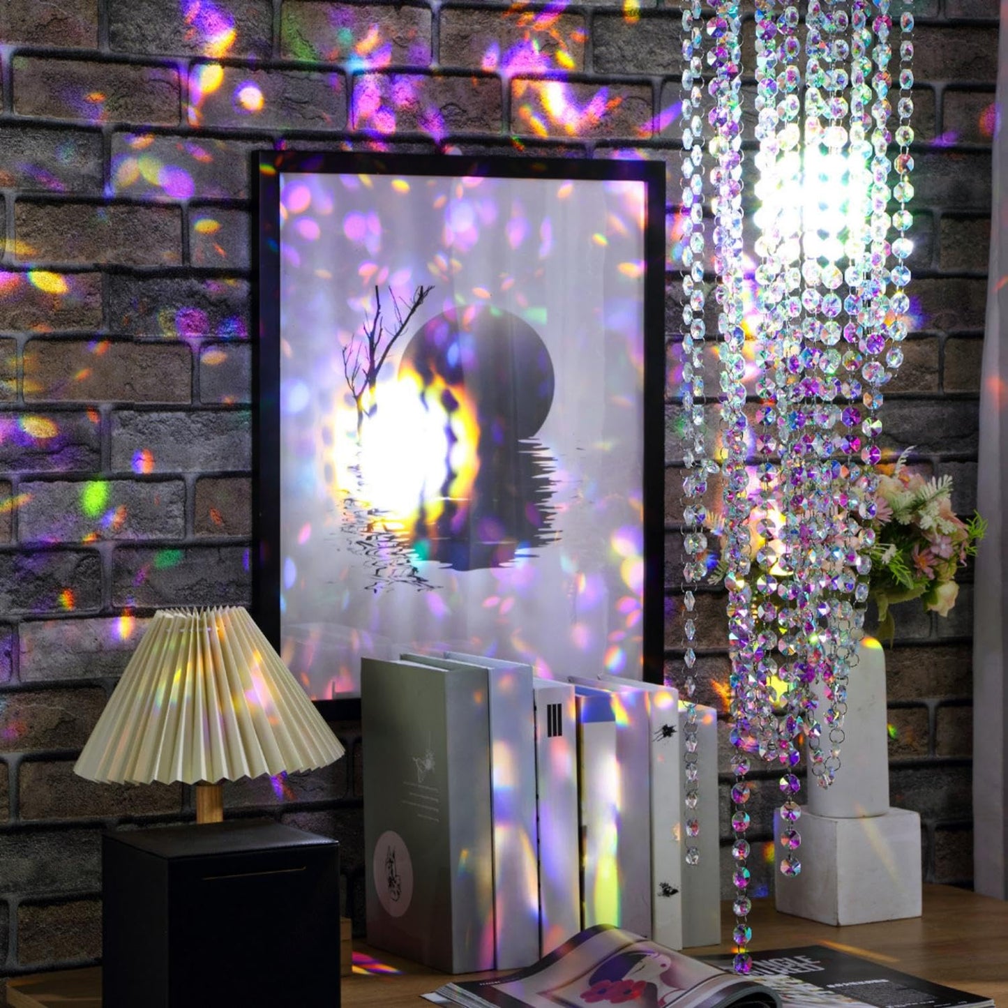 Blushtier Crystal Garlands Acrylic Octagon Bead Strands 14mm Iridescent Clear Diamond Hanging Chandelier Chain Ornament String for Wedding Manzanita Centerpiece Holiday Party(16 ft)