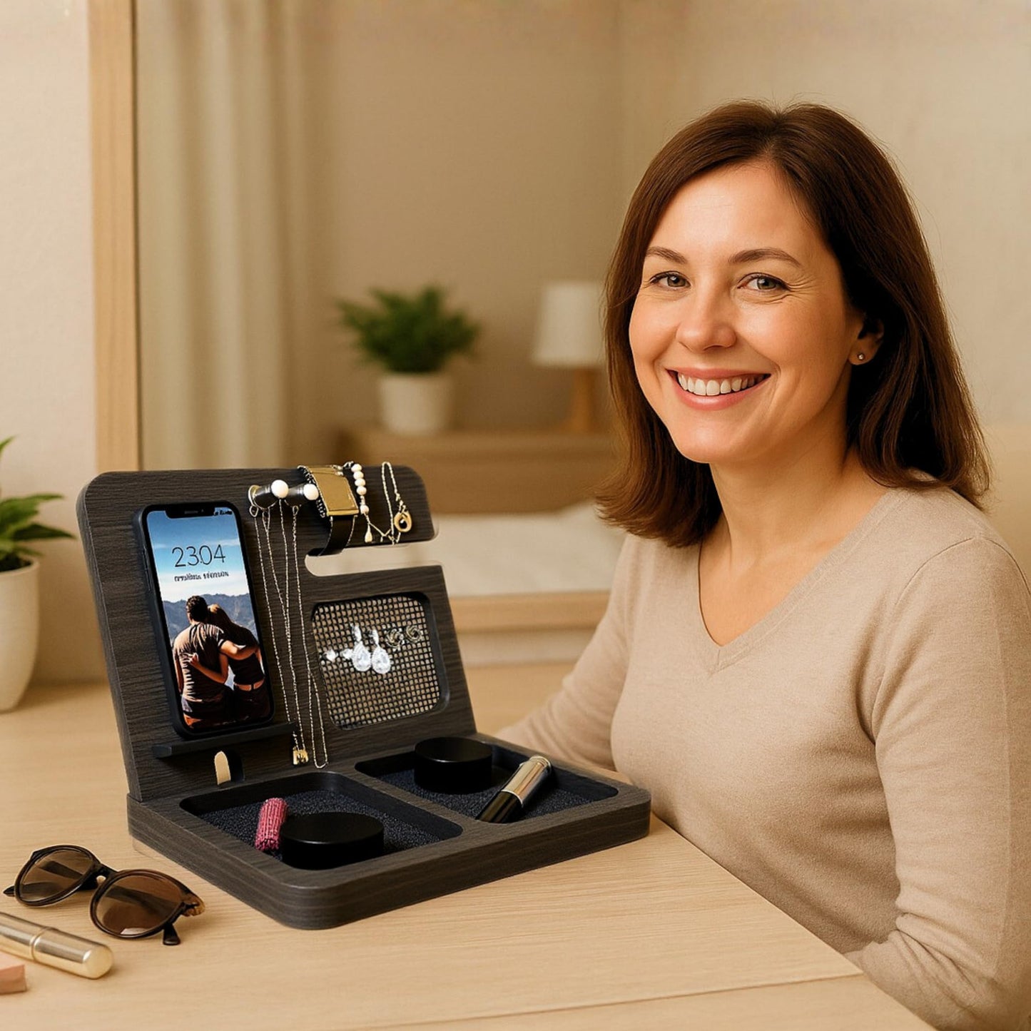 Namore Nightstand Organizer for Women – Wood Phone Docking Station & Jewelry Valet Tray for Phone, Earrings, Wallet & Keys – Unique Gifts for Women, Wife, Mom