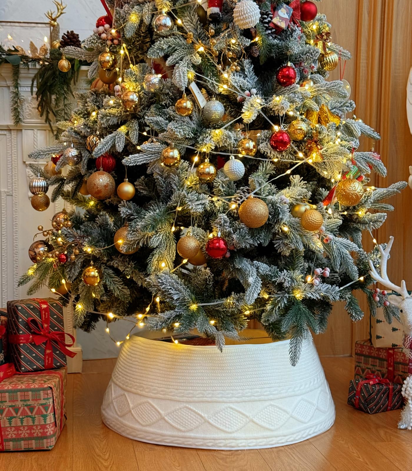 Malier Christmas Tree Collar, 30’’ Knit Xmas Tree Collar, Christmas Tree Collars for Artificial Trees, 11" Extra Tall Tree Stand Base Cover Ring Skirt for 6 ft 9 ft Tree (White, 11''H × 30" W)