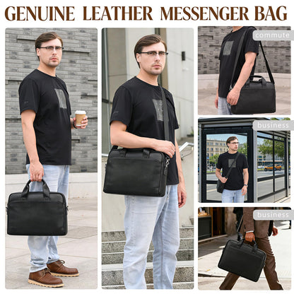 Leather Laptop Bag for Men, Laptop Briefcase Fits Up to 15.6 Inch Notebook, Portable Shoulder Messenger Crossbody Bag for Travel Business Office