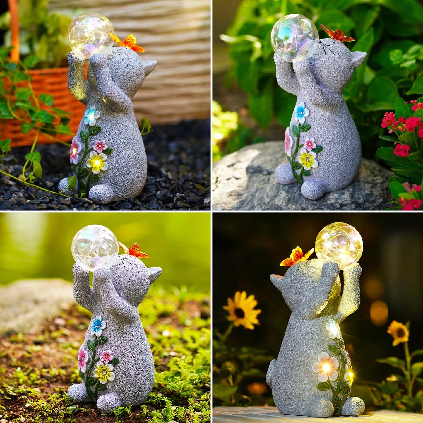 Goodeco Solar Cat Garden Statue - Outdoor Cat Decor with Solar Butterfly & Succulent Flowers LED Lights for Garden Enthusiasts - Ideal Gifts for Mom & Birthdays