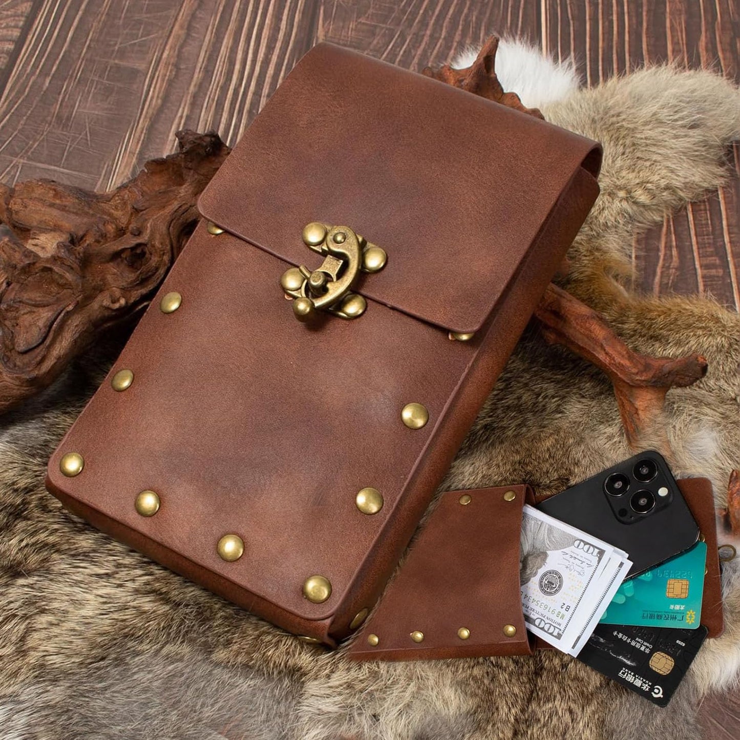 Belt Pouch Waist Bag Fanny Pack Steampunk Phone Holder Medieval Bag Leather Belt Renaissance Cosplay Costume Accessories (2Pouch-Brown)