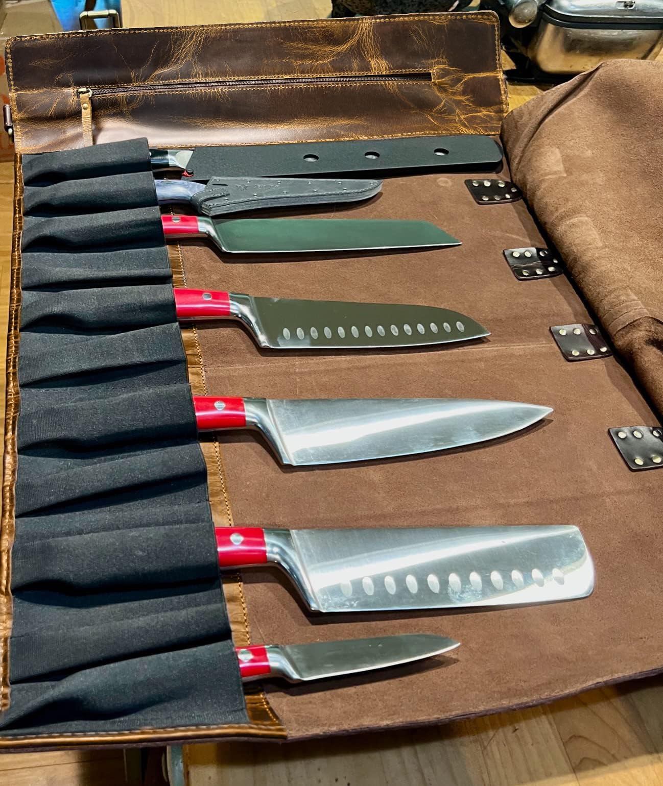Rustic Town Genuine Leather Chef Knife Roll All Purpose Chef Roll, Brown, L, Knives Organiser