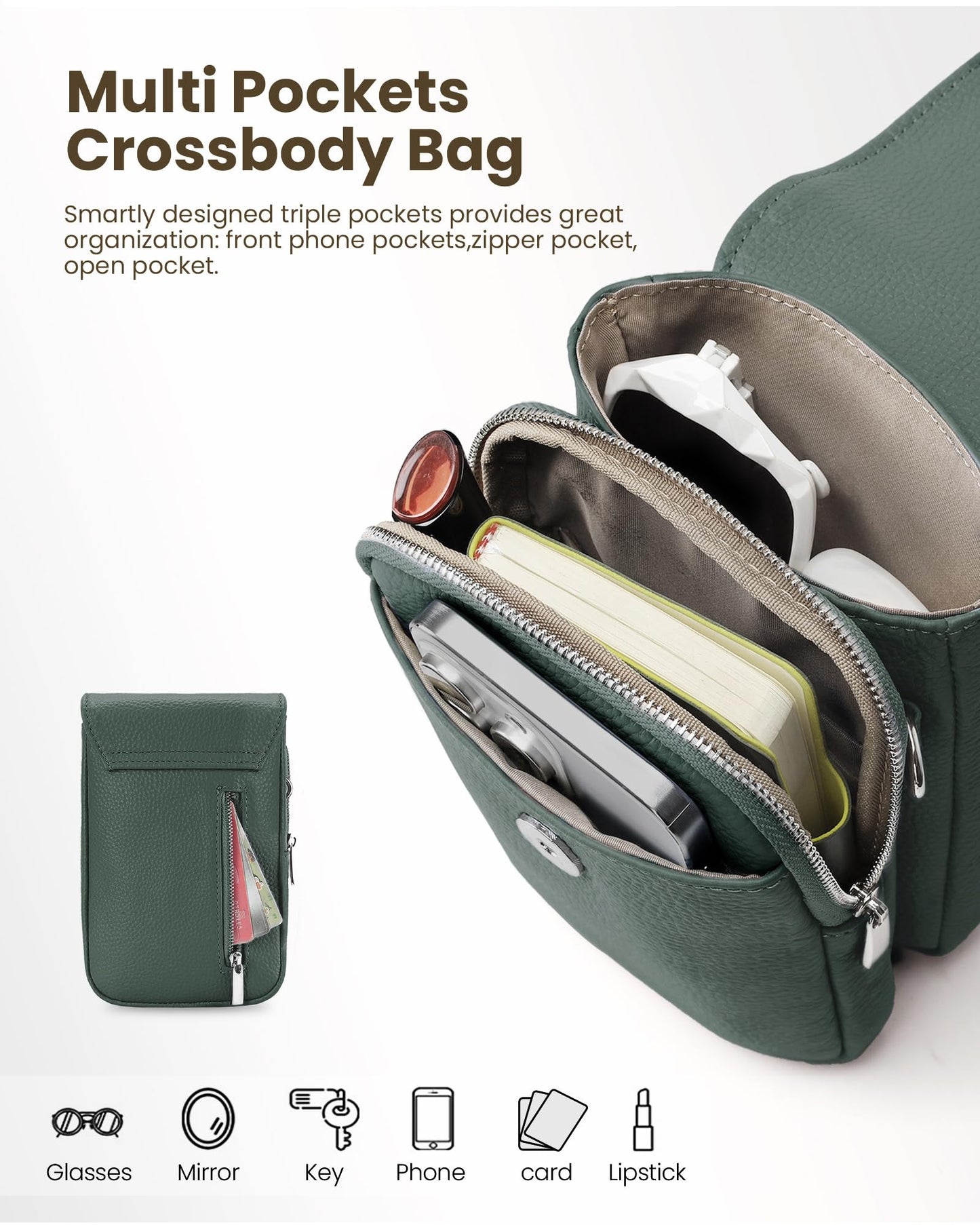 befen Soft Real Leather Small Crossbody Bags for Women, Woman Cell Phone Leather Purses Bag with RFID Blocking Card Slots Green