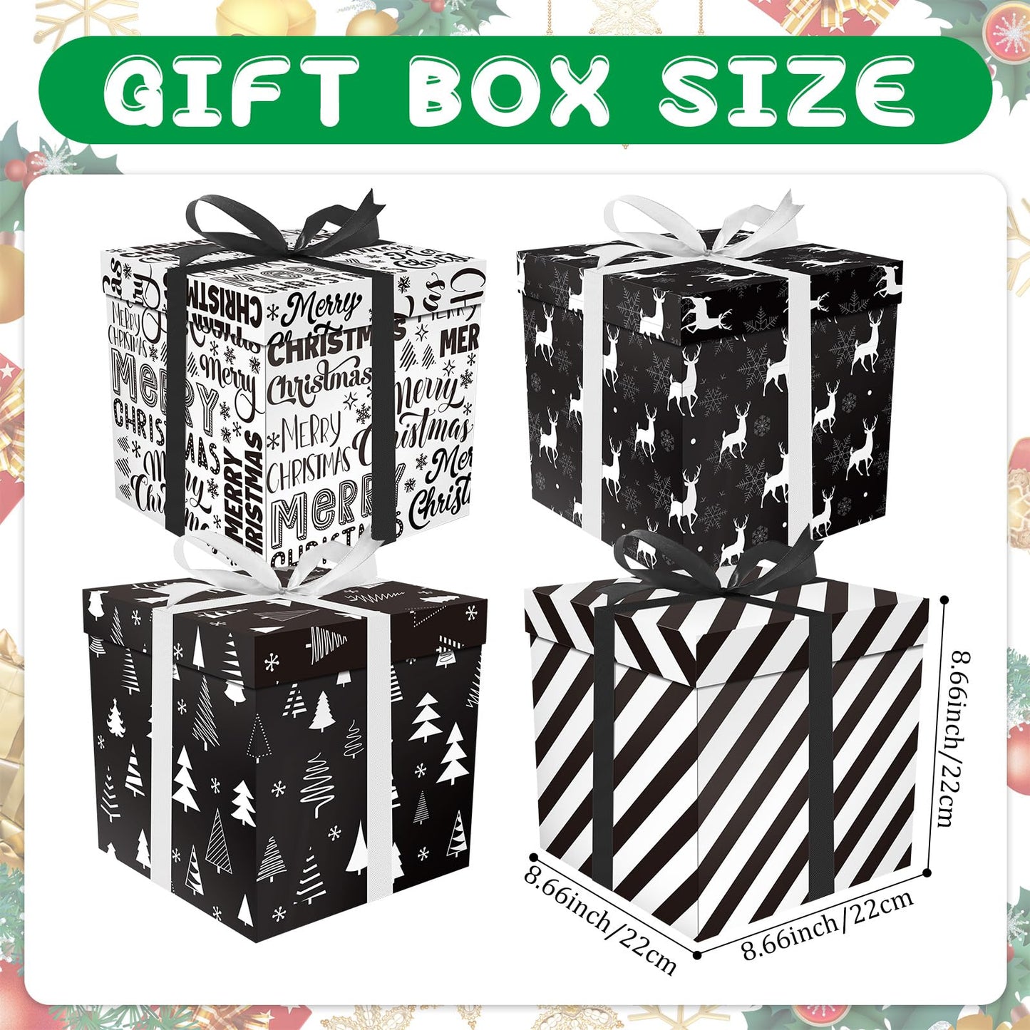 Cinrobiye 4 Pcs Christmas Gift Boxes with Lid,Ribbon and Tissue Papers,9" Black and White Christmas Winter Square Cardboard Box for Gift Wrapping Holiday Present Birthday Assorted Design (Black White)