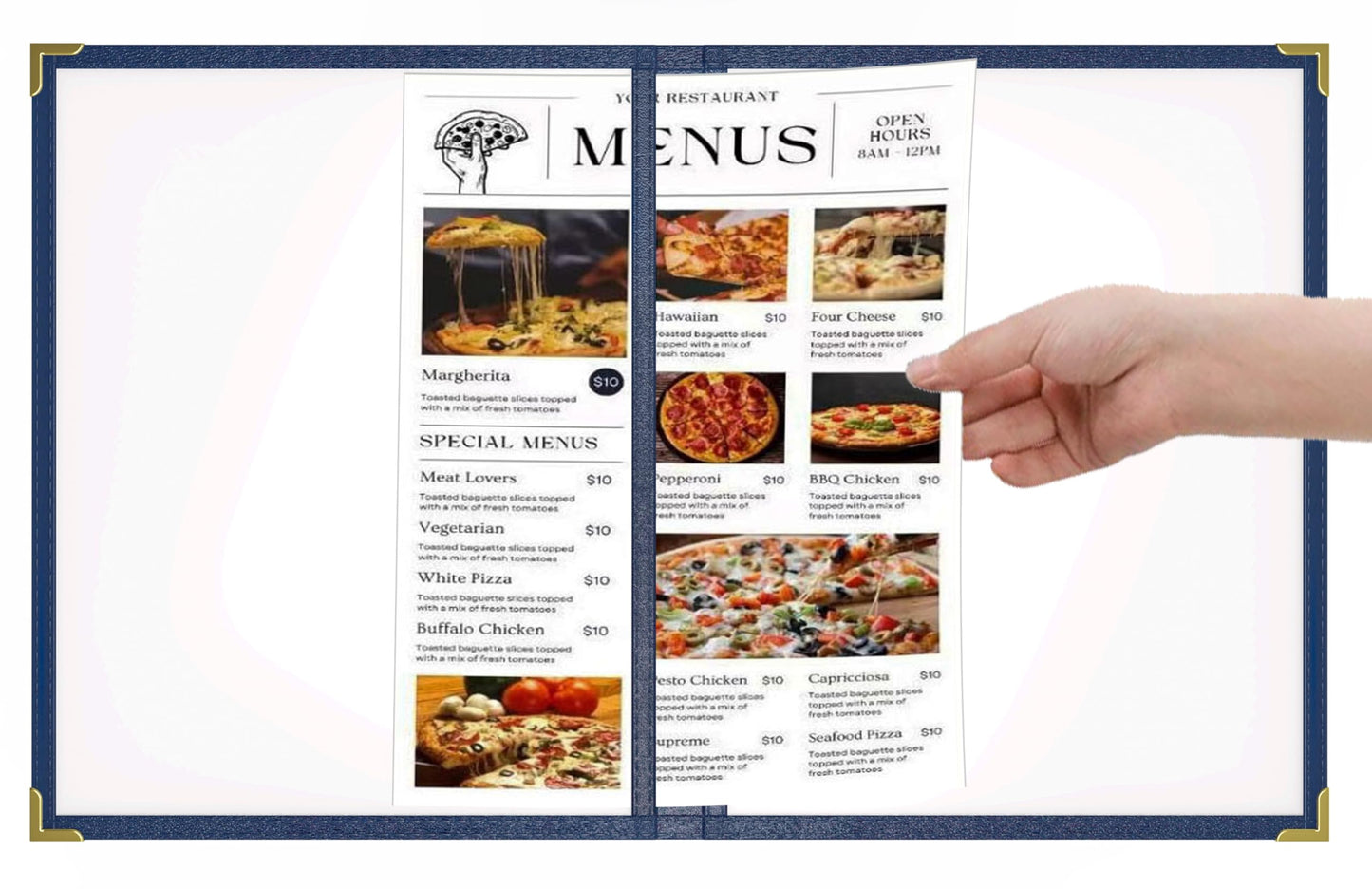 10 Pcs Menu Cover 8.5x14 Inch, Legal Size, 2 Pages / 4 Views Menu Sleeves, Clear Waterproof PVC Menu Holder (Blue Edge, Gold Metal Corners)