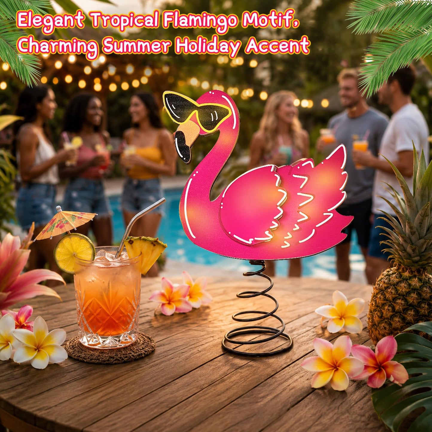 APUDWN 10 x 7.7 Inch Pink Flamingo Tree Decorations with LED Lights, Wooden Summer Tree Topper for Tropical Pool Party Christmas in July Beach Theme Battery Powered Lighted Holiday Decor