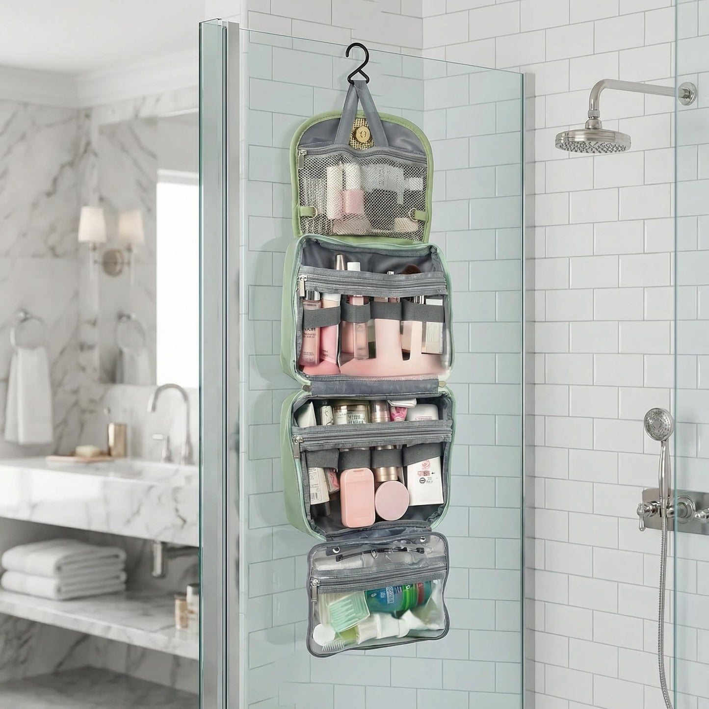 JATHIN Travel Toiletry Bag for Women - Hanging Cosmetic Makeup Organizer with Clear Compartments, Water-Resistant Cosmetic Bag, Perfect for Vacation, and Daily Use (green)