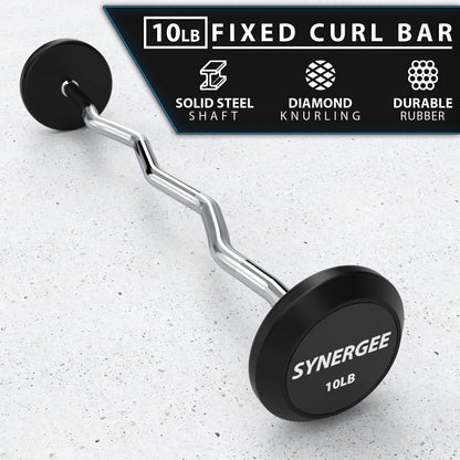 Synergee Fixed 10LB Easy Curl Bar - Pre Weighted Curved Steel Bar with Rubber Weights