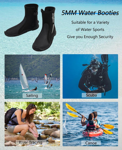 Skyone Neoprene Dive Boots, Men's & Women's 5MM Wetsuit Surf Booties, Tall Zippered Anti-Slip Rubber Sole Scuba Boots, Diving Booties for Sailing Snorkeling (Black, Mens 9 / Womens 10)