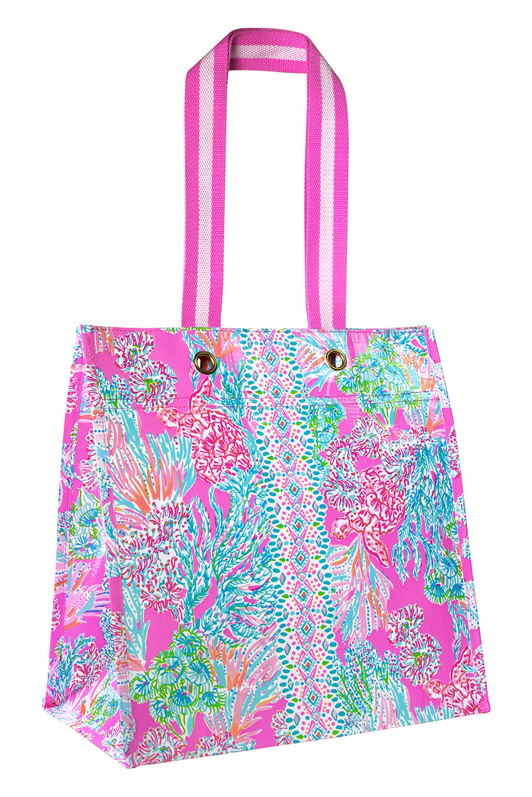 Lilly Pulitzer Pink Market Shopper Bag, Reusable Grocery Tote, Shoulder Bag for Produce or Travel, Seaing Things (Pack of 2)