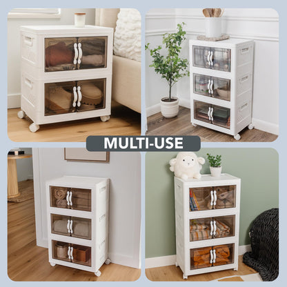 DALMAN 26QT Stackable Storage Bins with Lids - 3 Tier Wheeled Shelf Organizer Plastic Containers with Lids - Multipurpose Storage and Organization Shelving Unit with Magnetic Closure