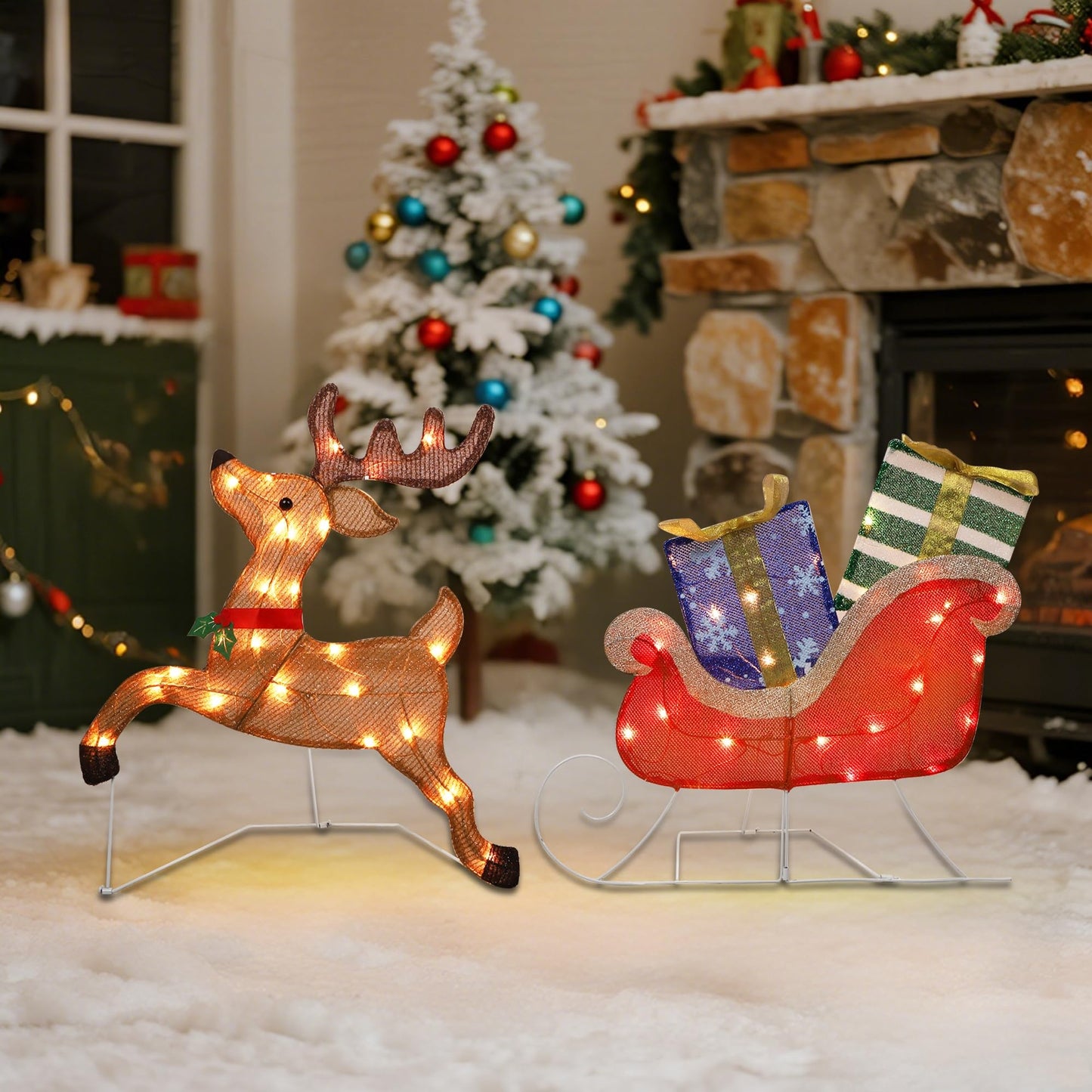 Prsildan Christmas Lighted Decoration 25" x 44" Reindeer, 50 Lights Christmas Reindeer with Sleigh & Gift Boxes, Light up Decorations for Indoor Outdoor Home Kitchen Yard Garden Holiday Party