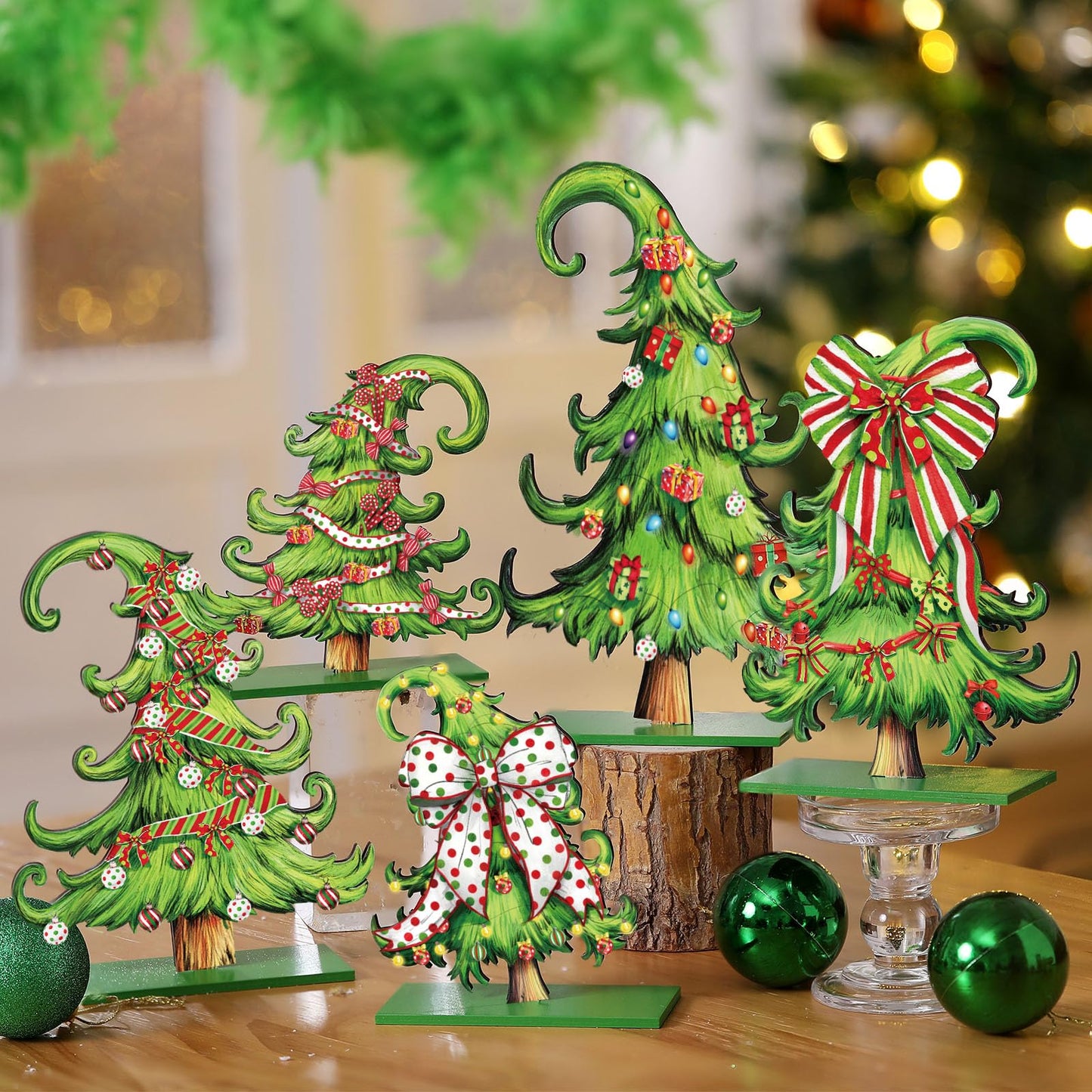 Pinkunn 5 Pcs Whimsical Christmas Table Decorations Wooden Lime Green Christmas Tree Table Centerpieces Lime Green Xmas Tree Wood Sign for Home Tabletop Ornament Holiday Xma Party Tiered Tray Decor