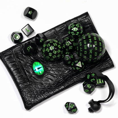 Poludie 15 Pieces Complete Polyhedral DND Dice Set D3-D100 Spherical D&D Dice Set with Dragon Eye Dice Bag, D100 Dice for Dungeons and Dragons, RPG Table Games(Black w/Green Numbers)