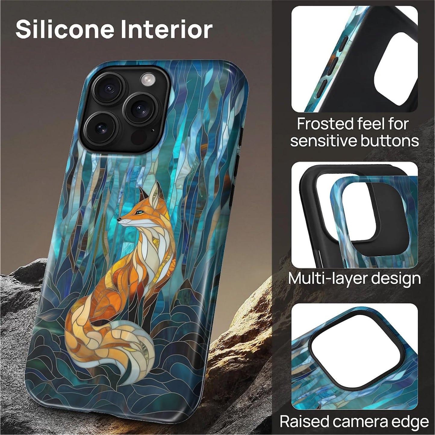 SKAMIX Magnetic Phone Case for iPhone 15 Pro Max,Compatible with MagSafe,Durable 2 Layers Full Covered Shockproof Protective Cover-Glassy Forest Fox