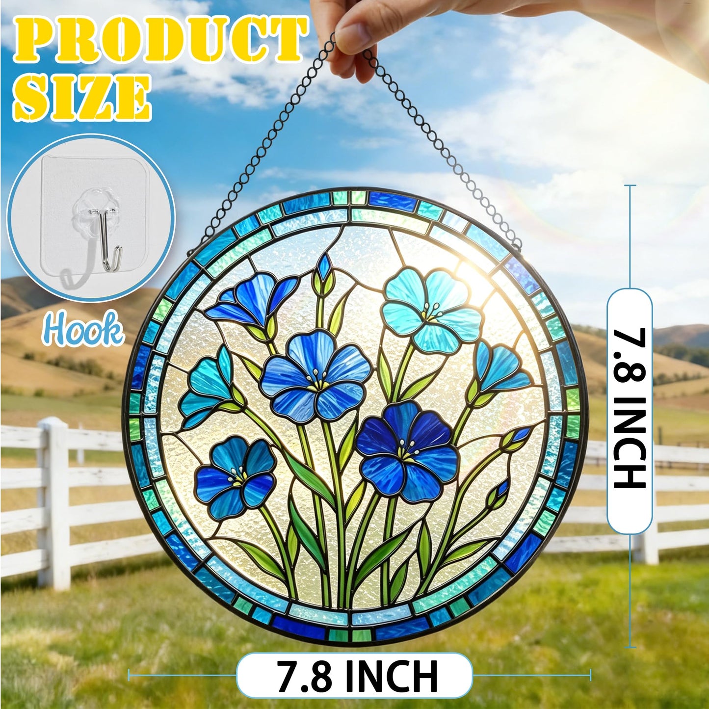 Stained Glass Window Hanging, 7.8 Inch Blue Flower Suncatcher, Blue Botanical Window Decor, Stained Glass Ornaments for Windows, Doors & Home Decor, Mother's Day Birthday Gift for Mom, Garden Lovers