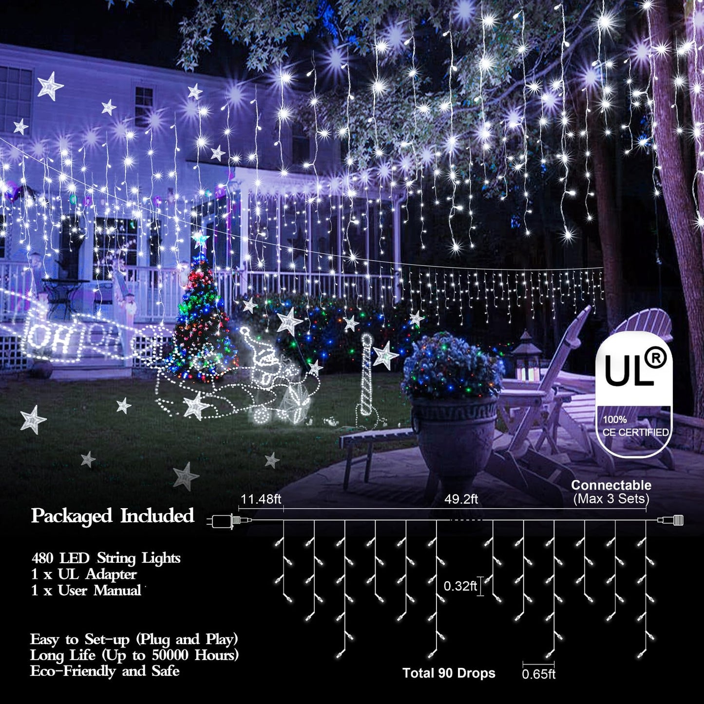FLVOECN 480 LED 49FT Christmas Lights Plug in 8 Modes with Timer Dimmable Ice Lights Outdoor Waterproof Indoor Ice String Lights for Roof Porch Garden Holiday Wedding Xmas Decor (Cool White)