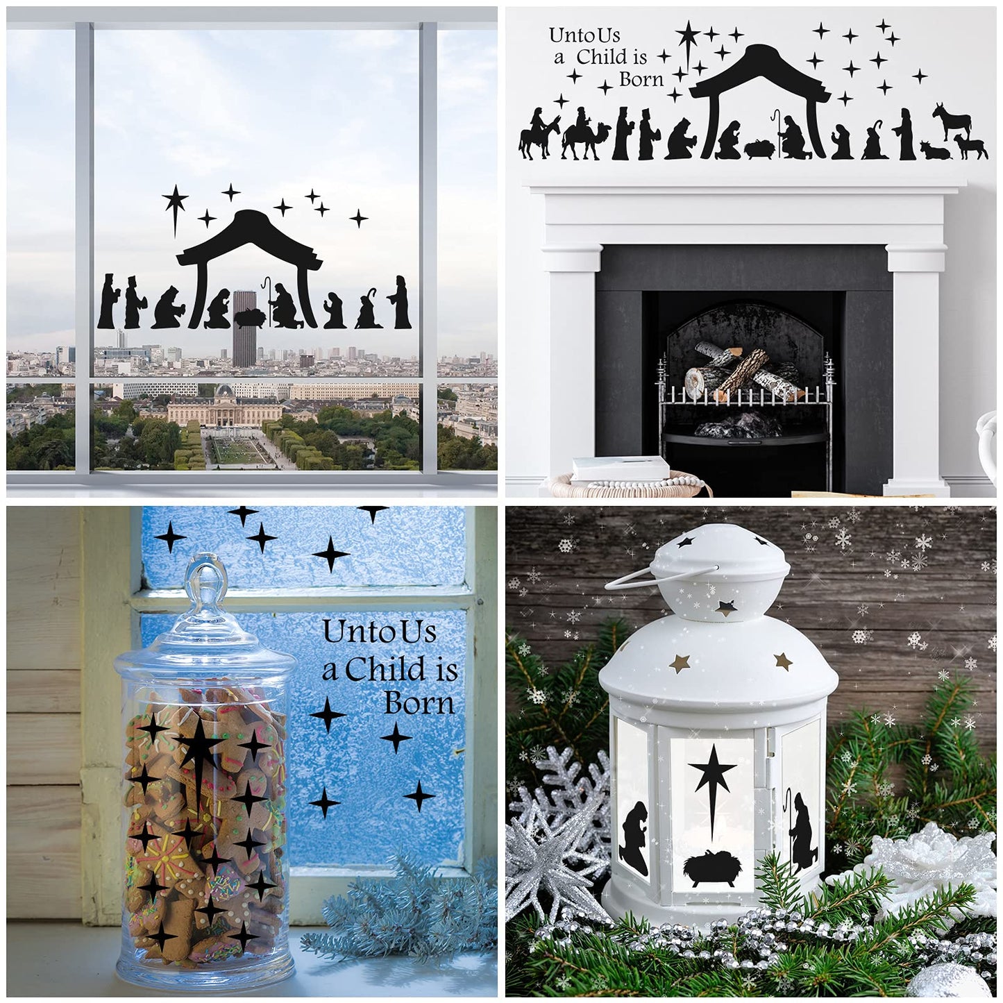 Chinco Large Christmas Nativity Scene Wall Decor Stickers Nativity Vinyl Wall Decal Christmas Decorations Religious Murals Modern for Xmas Room Decor, Black(Unto Us A Child is Born)