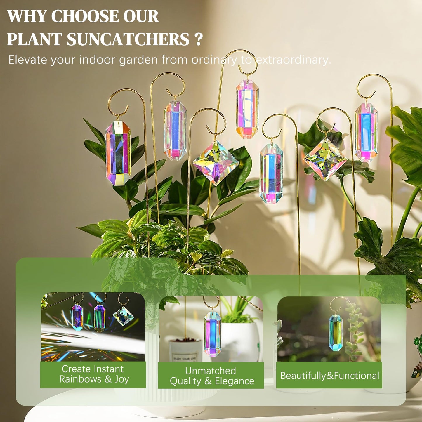Kanpura 7 Pieces Crystal Prisms Suncatchers with 13.7 ’’ Small Trellis for Mini Potted Plants Garden Accessories Indoor Fairy Plant Suncatchers Gift for Plant Lovers (AB)