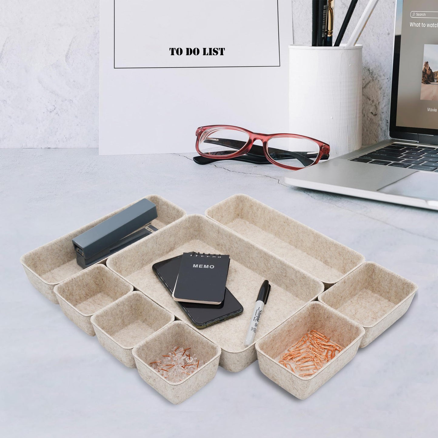 Welaxy Desk Drawer Organizer Tray, 8-Piece Beige Office Storage, Nordic Minimalist Lifestyle (Oatmeal)