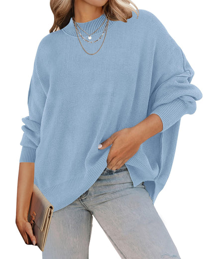 ZESICA Women's Fall 2025 Casual Long Sleeve Crew Neck Side Slit Oversized Ribbed Knit Pullover Sweater Tops