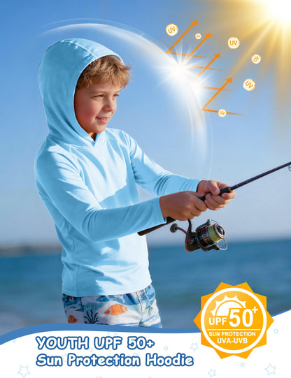 DRONIRING Boys Hooded Long Sleeve Rash Guard Swim Shirt, Youth Kids UPF 50+ Fishing Shirt, Sun Protection Hiking Beach Hoodie