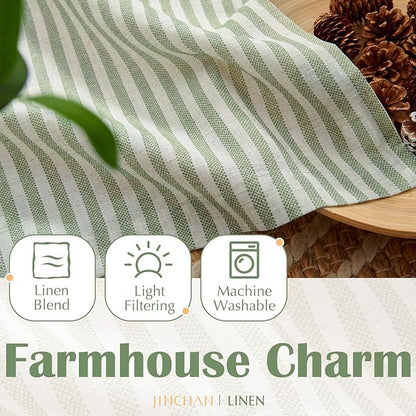 jinchan Striped Linen Kitchen Curtains 45 Inches Length Tier Curtains Farmhouse Modern Cafe Style Small Window Treatments Airy Light Filtering Rod Pocket for Living Room Bathroom 2 Panels Sage Green