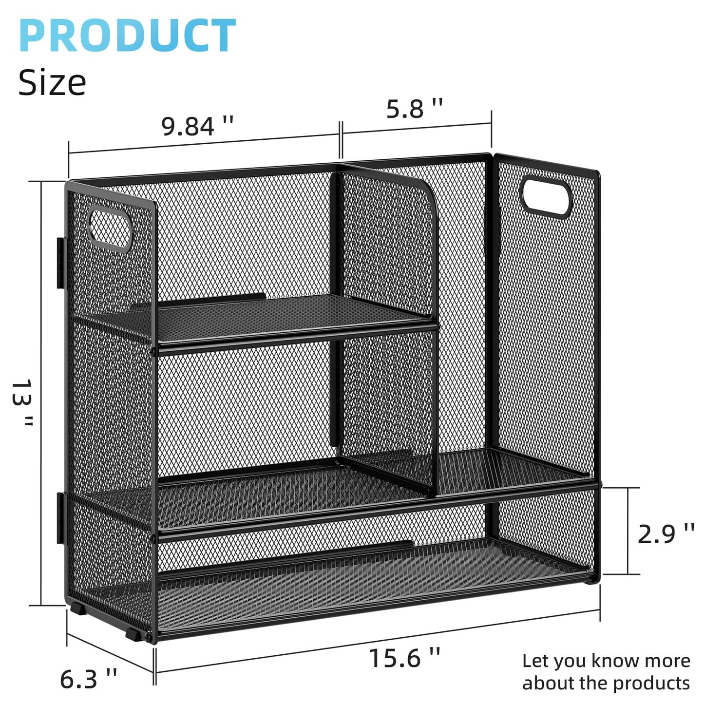 Marbrasse 3-Tier Desk Shelf Organizer with Handle, Desktop Bookshelf File Holder, Mesh Display Shelf Organizer Storage Rack for Office, Home, Supplies, Kitchen (Black)