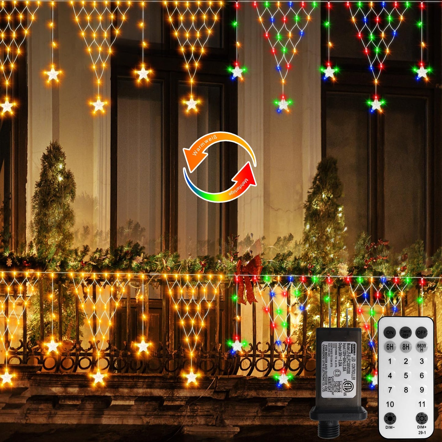 DBFAIRY Christmas Star Net Lights,196LED Connectable Dual Color Changing Fairy Net Lights, 13.1x1.9Ft Plug in Curtain Mesh Light Waterproof with Timer for Porch Fence Window (Warm White & Multicolor)