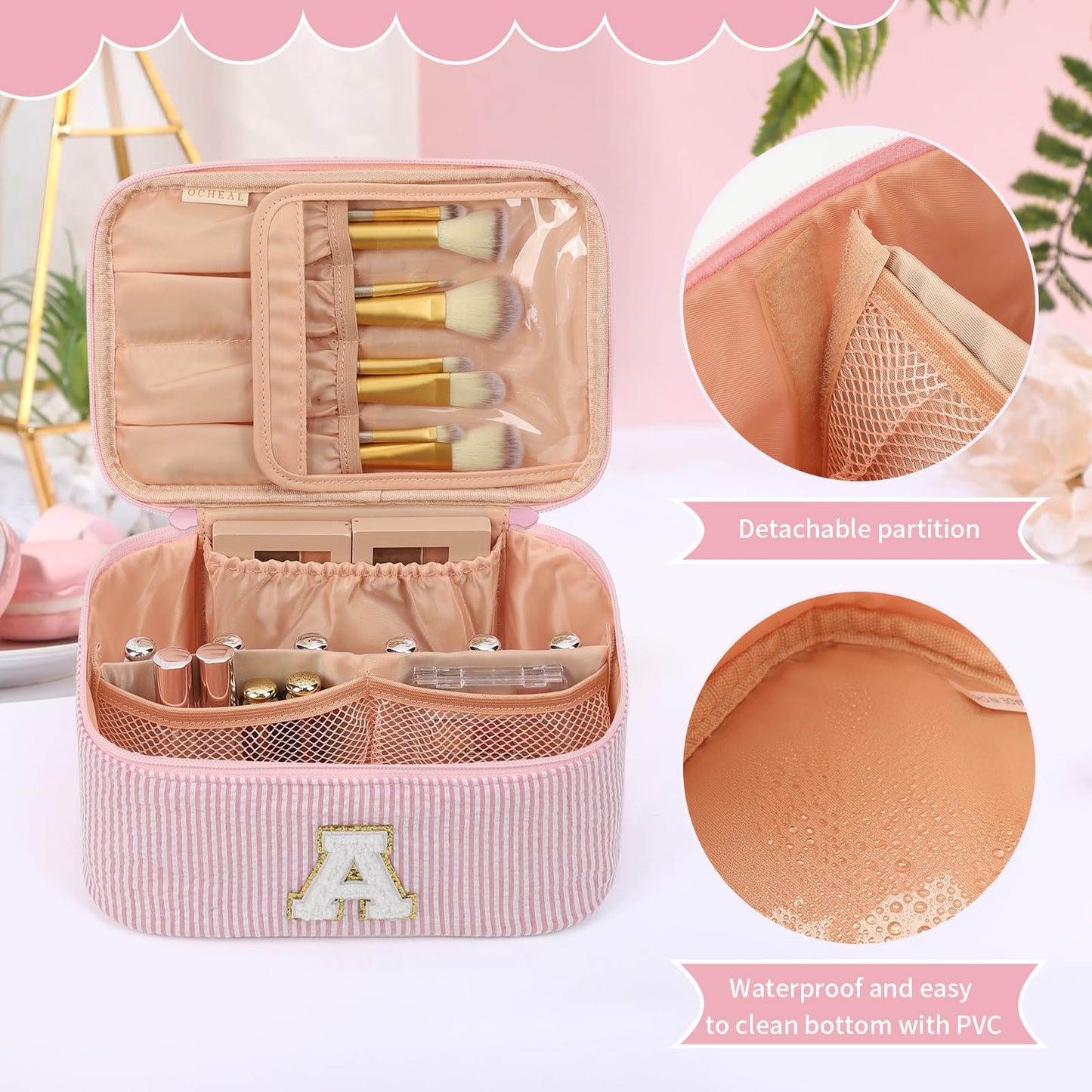 OCHEAL Makeup Bag for Women, Monogram Cosmetic Bag Pink Travel Makeup Case Beauty Toiletry Bag Organizer Personalized Gifts for Girls Bridesmaid, Sister, Wife, Friends Initial A