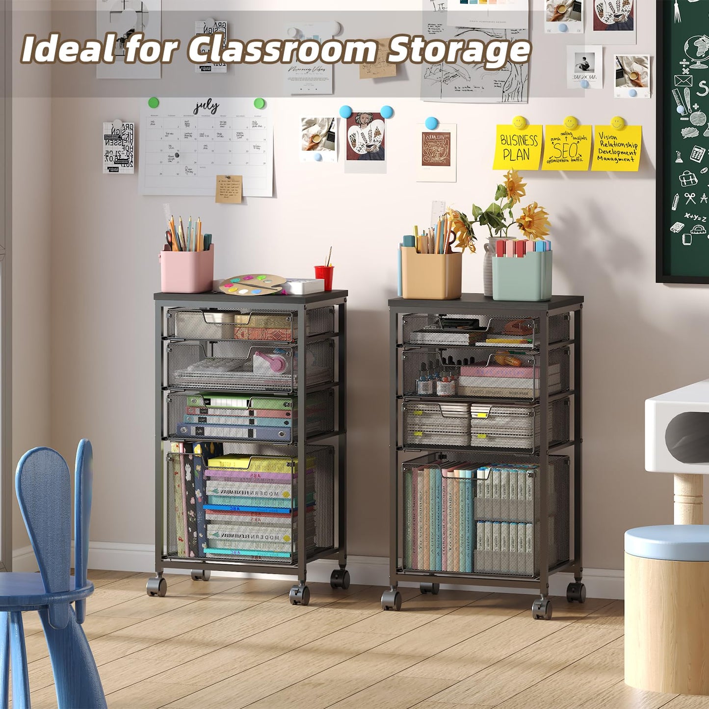 Sbanmao 3 Drawers Rolling Storage Cart, Utility Cart with Wooden Tabletop, Rolling Storage Drawer Cart with Lockable Wheels, Storage Craft Cart for Bedroom, Bedroom, Office, Black