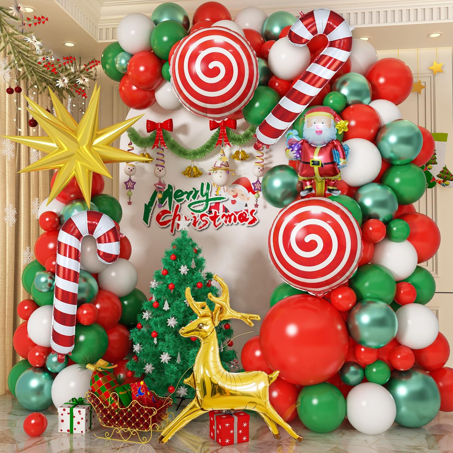 Christmas Balloons Garland Arch Kit Red White Green Xmas Decoration Balloon with Candy Gingerbread Elk Santa Claus Merry Christmas Foil Balloons for New Year Winter Holiday Christmas Party Decorations