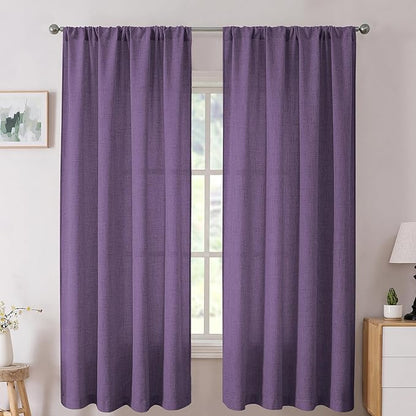 Tollpiz Short Linen Curtains Living Room Rod Pocket Semi Sheer Curtain Burlap Light Filtering Thick Linen Drapes for Bedroom, 54 x 54 inches Long, Royal Purple, Set of 2 Panels