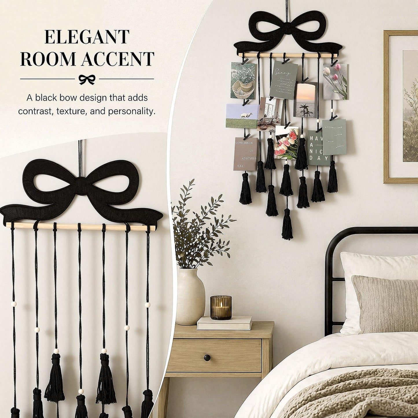 Fiwochic Black Bow Hanging Photo Display Wall Decor Black Macrame Wall Hanging Coquette Picture Frame Collage Holder with 30 Clips for Room Bedroom Graduation Wedding Christmas Coquette Party Decor