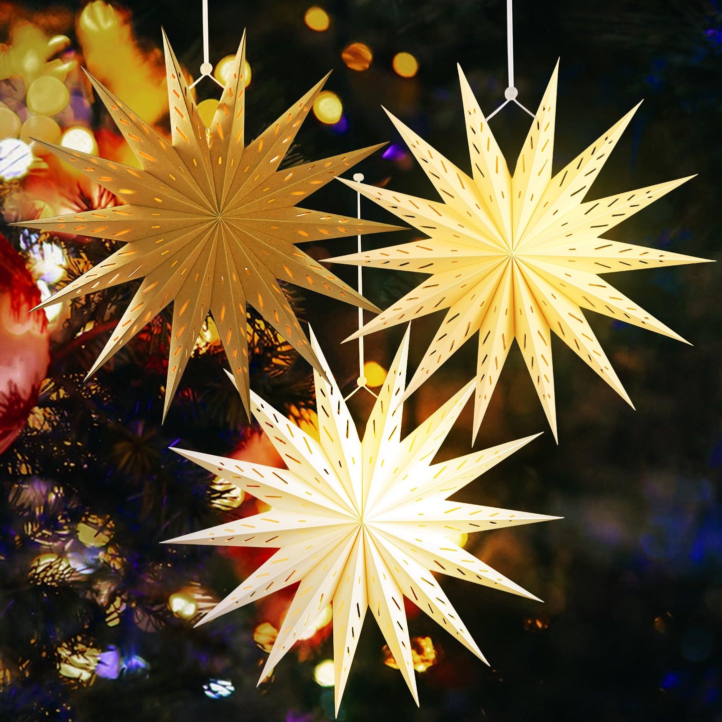 SUNBEAUTY 14-Pointed 18 Inch Hollow Out Paper Star Lanterns Brown White Christmas Lanterns Hanging Lamp Paper Decorations Shade Wedding Birthday Christmas Home Party Decorations
