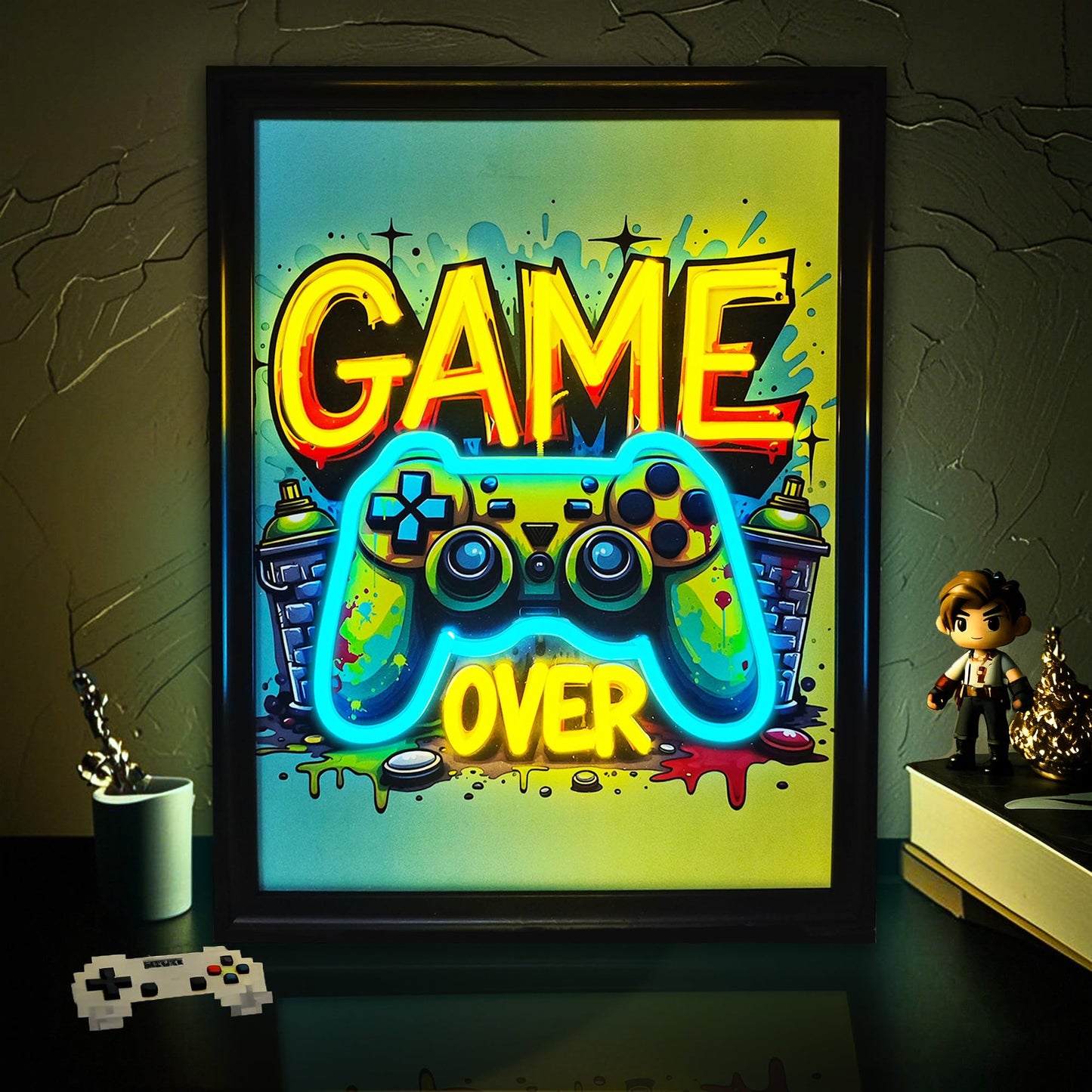 Gamer Neon Sign, Cool Gaming Wall Art Gamepad Shaped Dimmable Watercolor Posters Pictures Colorful Canvas Painting Prints Hang Neon for Wall, Bedroom, Game Room, Man Cave, Boys Birthday Christmas Gift (Gamer 1)