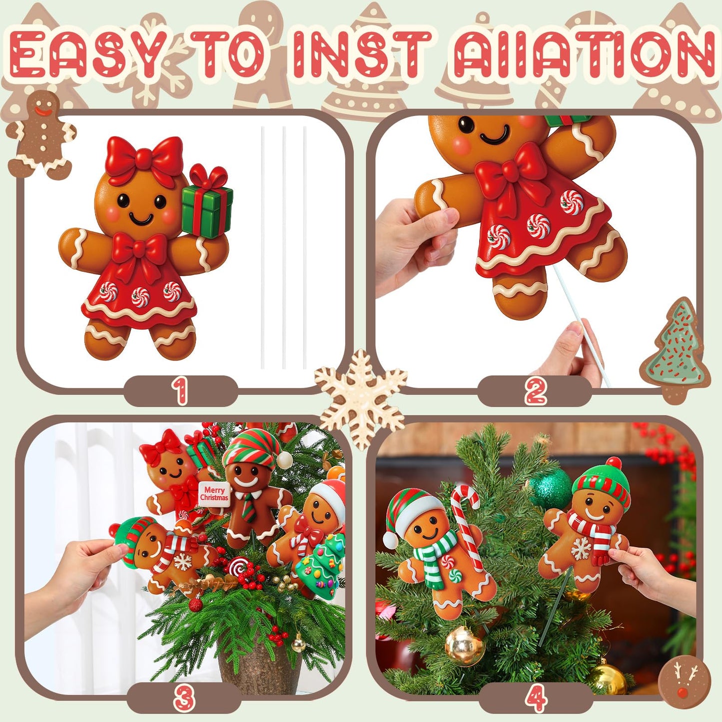 Giegxin 12pcs 10 x 8 Inches Gingerbread Man Christmas Tree Picks Gingerbread Christmas Decor with Sticks Cute Ornaments for Xmas Tree Topper Home School Office Garden Patio Winter Vase Holiday
