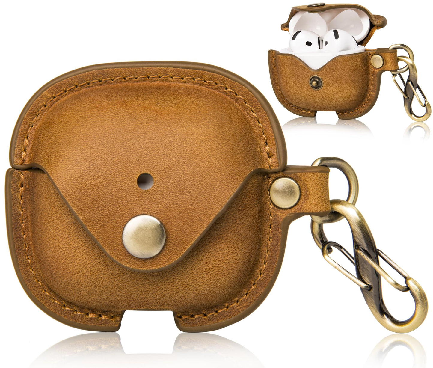 for Apple Airpods 4 (2024 Release), Elegant Retro-Style Crazy Horse Leather Case Cover with Keychain, Supports Wireless Charging, Features Front LED Visibility for Easy Status Check (Brown)