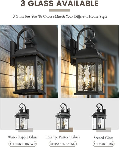 FEMILA 3-Light Outdoor Wall Light, 26" Large Exterior Wall Lantern with Water Ripple Glass, Porch Light for Entryway, Patio, Garage, and Doorway, E12 Base, 4FD54B-L SD BK