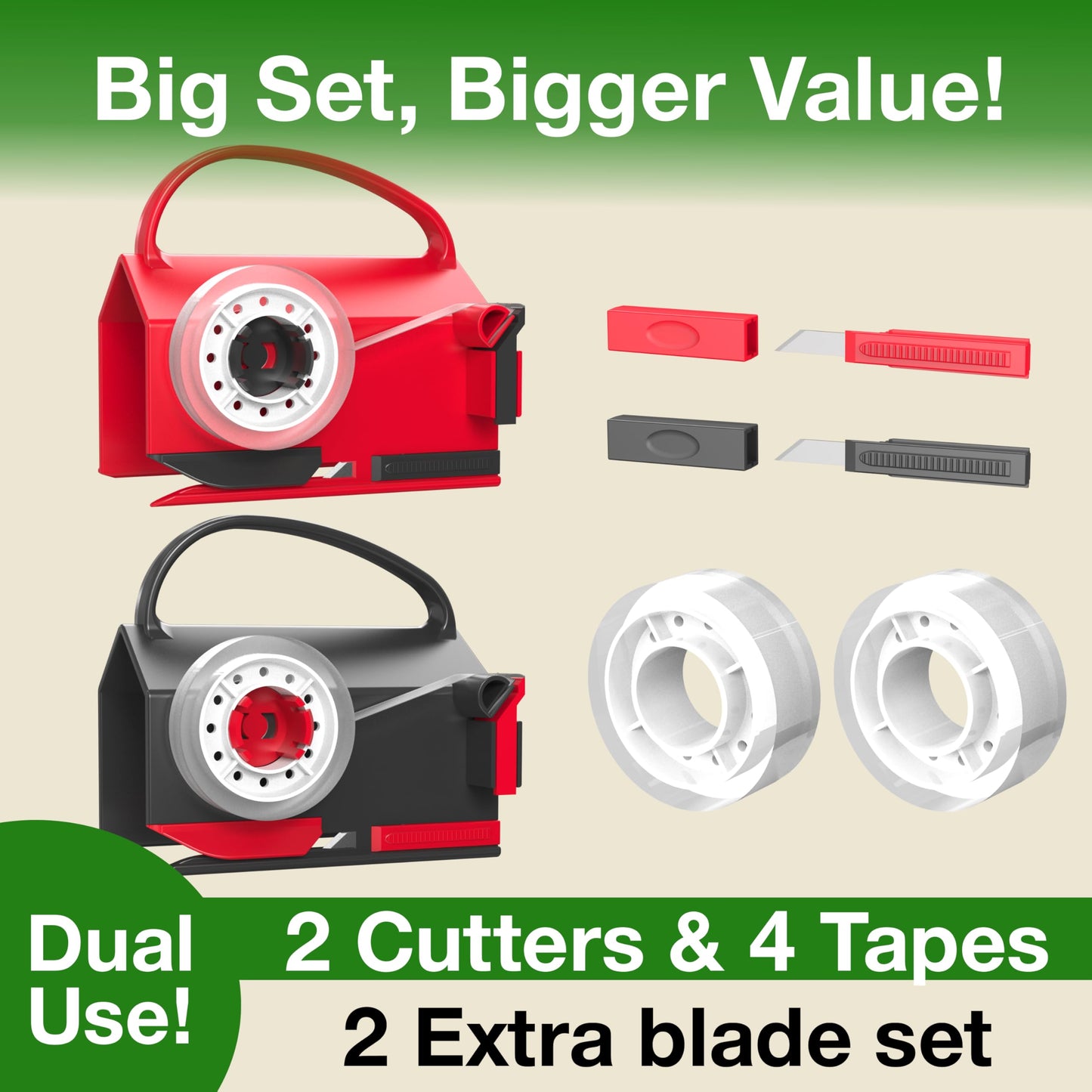 Wraprocut (2-Pack) Wrapping Paper Cutter & Tape Dispenser Dual Use with 4 Tapes，2 Replace Blades Kit for Christmas Gift Wrap Cutter Tool Paper Roll Holder Tube Sliding Slicing for Birthday Holiday.