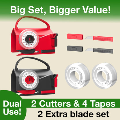 Wraprocut (2-Pack) Wrapping Paper Cutter & Tape Dispenser Dual Use with 4 Tapes，2 Replace Blades Kit for Christmas Gift Wrap Cutter Tool Paper Roll Holder Tube Sliding Slicing for Birthday Holiday.