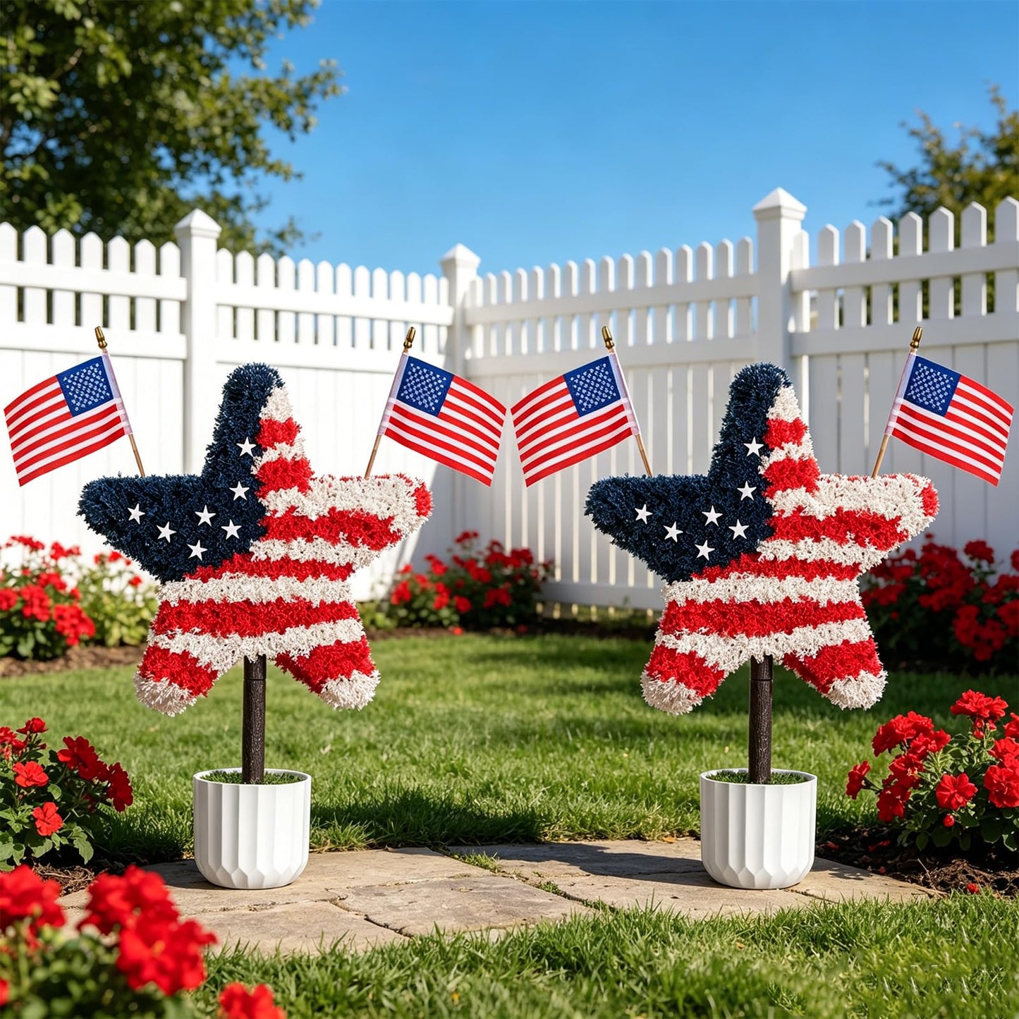 Chillchard 2 Pack Artificial Boxwood Star Patriotic Topiary Trees Outdoor