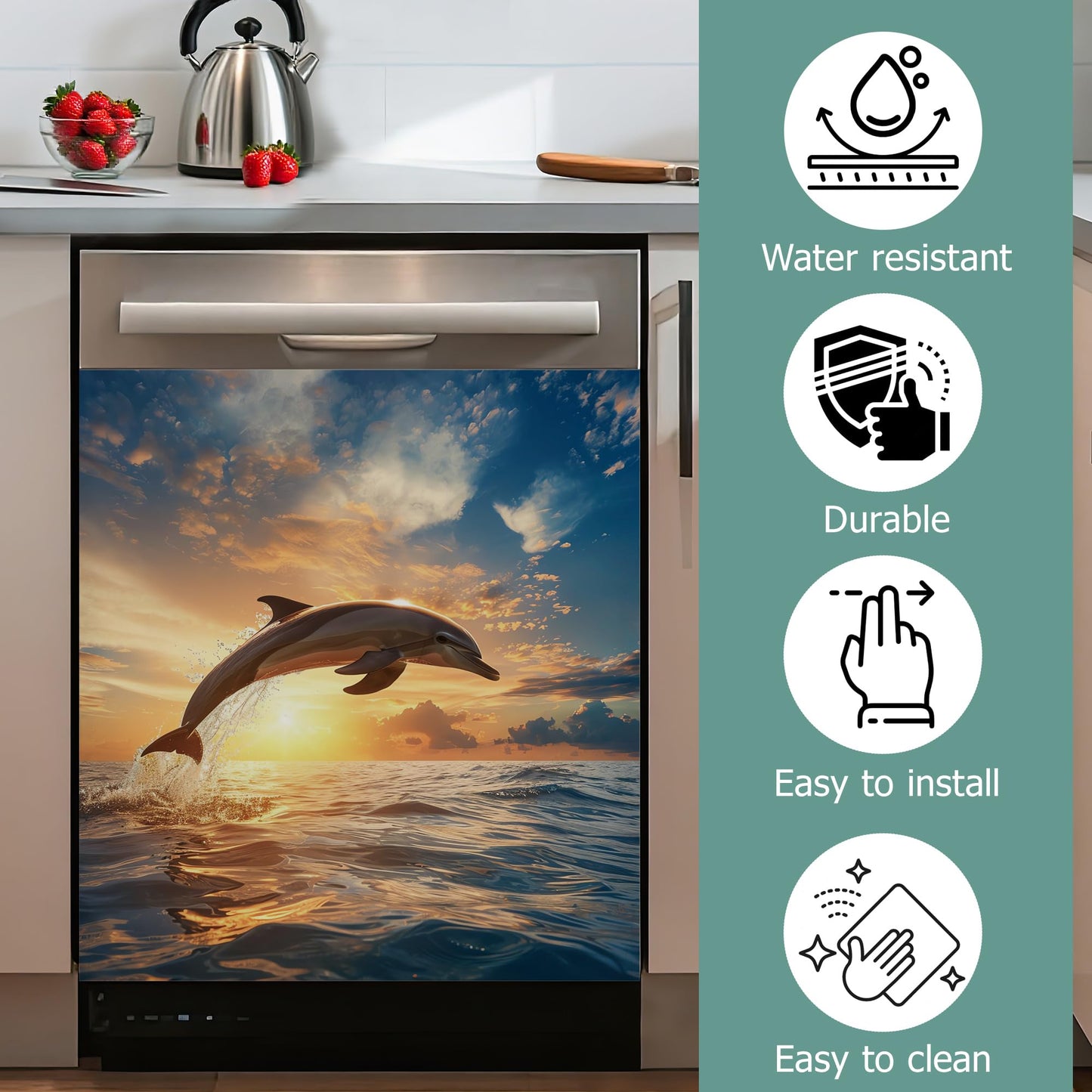 Jumping Dolphins Refrigerator Magnet Cover,Ocean Sunset Washable Dishwasher Magnets Decorative Cover,Home Kitchen Decorative Dishwasher Front Panel Cover 23x26 Inch