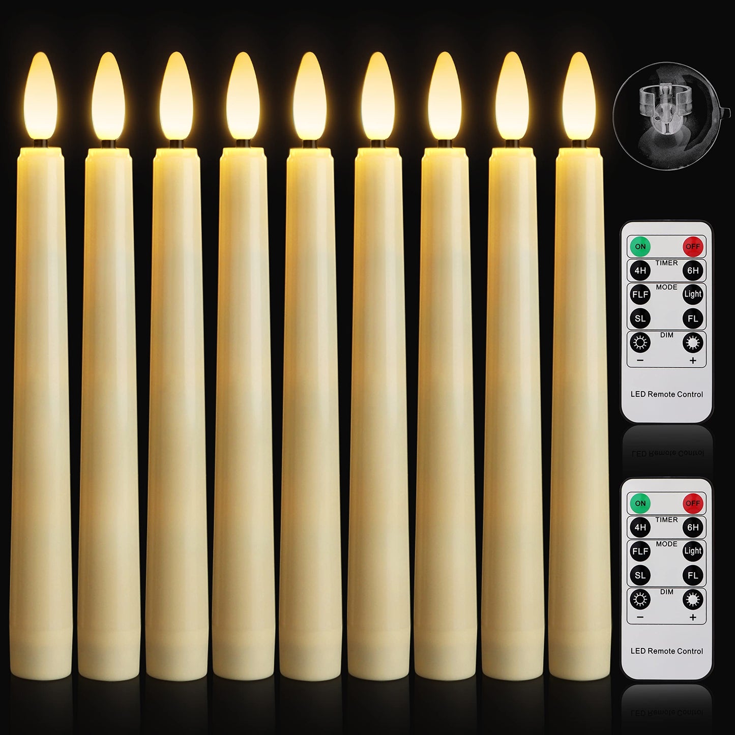 FREEPOWER 9 PCS Flameless Taper Candles Battery Operated, Realistic Flickering Window Candles with Daily Timer, Remote & Suction Cups Included,for Christmas Home Wedding Decor (Ivory)