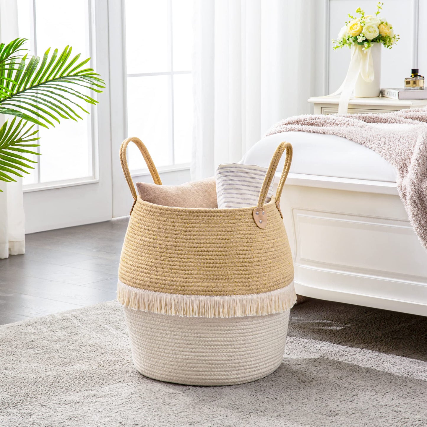 KAKAMAY Woven Baskets for Storage(17"x17"),Large Cotton Rope Woven Baby Laundry Hamper,Collapsible Laundry Basket, Blanket Basket for Organizing Living Room,Nursery,Pillows,Toy Chest(Beige)