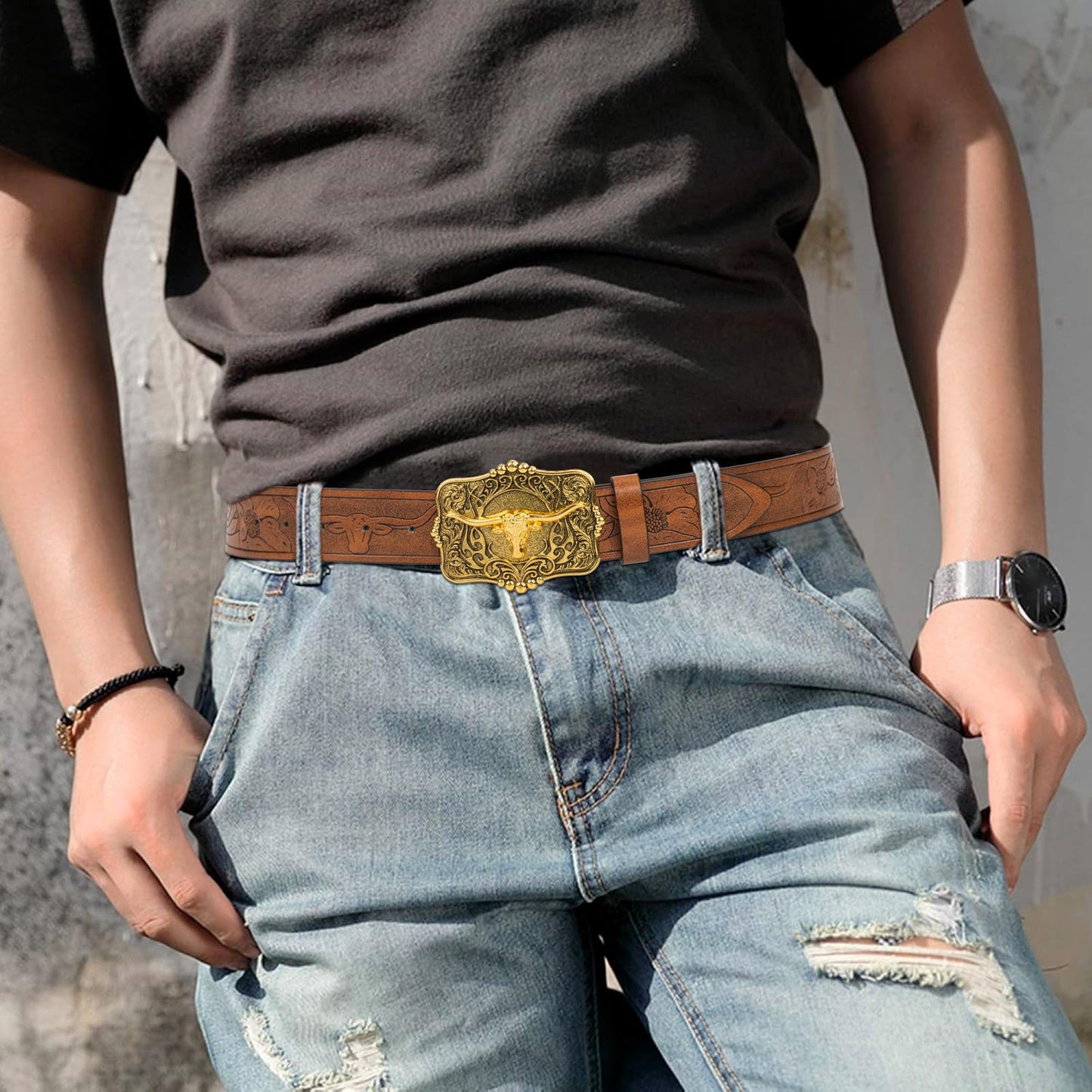 Voenkca Western Cowboy-Cowgirl Leather-Belts for Men - with Longhorn-Bull