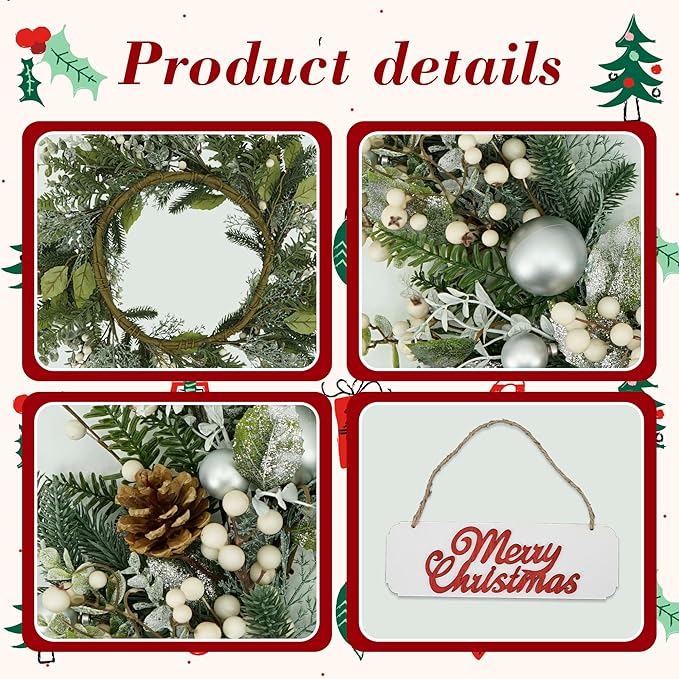 YNYLCHMX 20 Inch Winter Wreath for Front Door, Winter Wreaths with Welcome Sign Pine Needle Pine Cone Berry Artificial Door Wreaths for Window Wall Fireplace Farmhouse Holiday Party Decoration