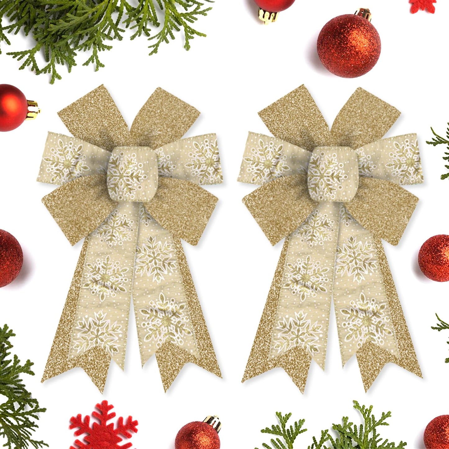Hying 2 Pieces Christmas Bows for Wreath, Christmas Wreath Bow Glitter Golden Xmas Bows Winter Snowflake Craft Bows Ornaments for Front Door New Year Christmas Party Decoration Supplies